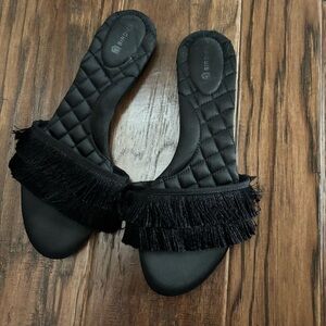 Birdies Black Fringe Slide Sandals